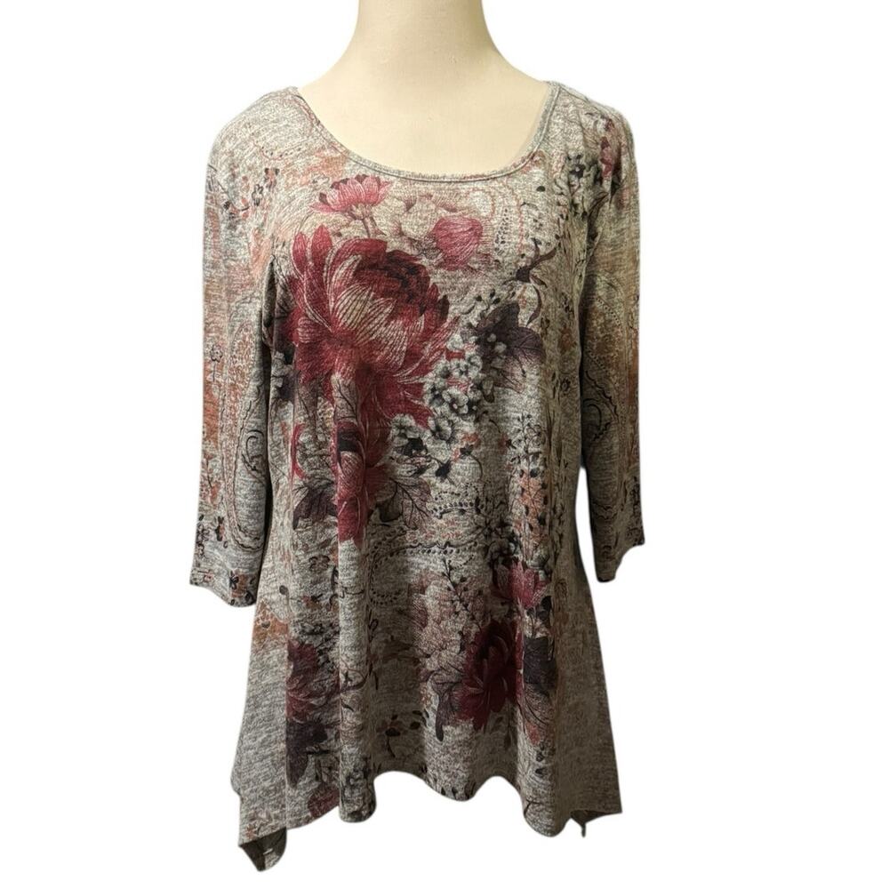 3X Floral Flowy Tunic Top 3/4 Sleeve Scoop Neck Boho Casual Knit‎